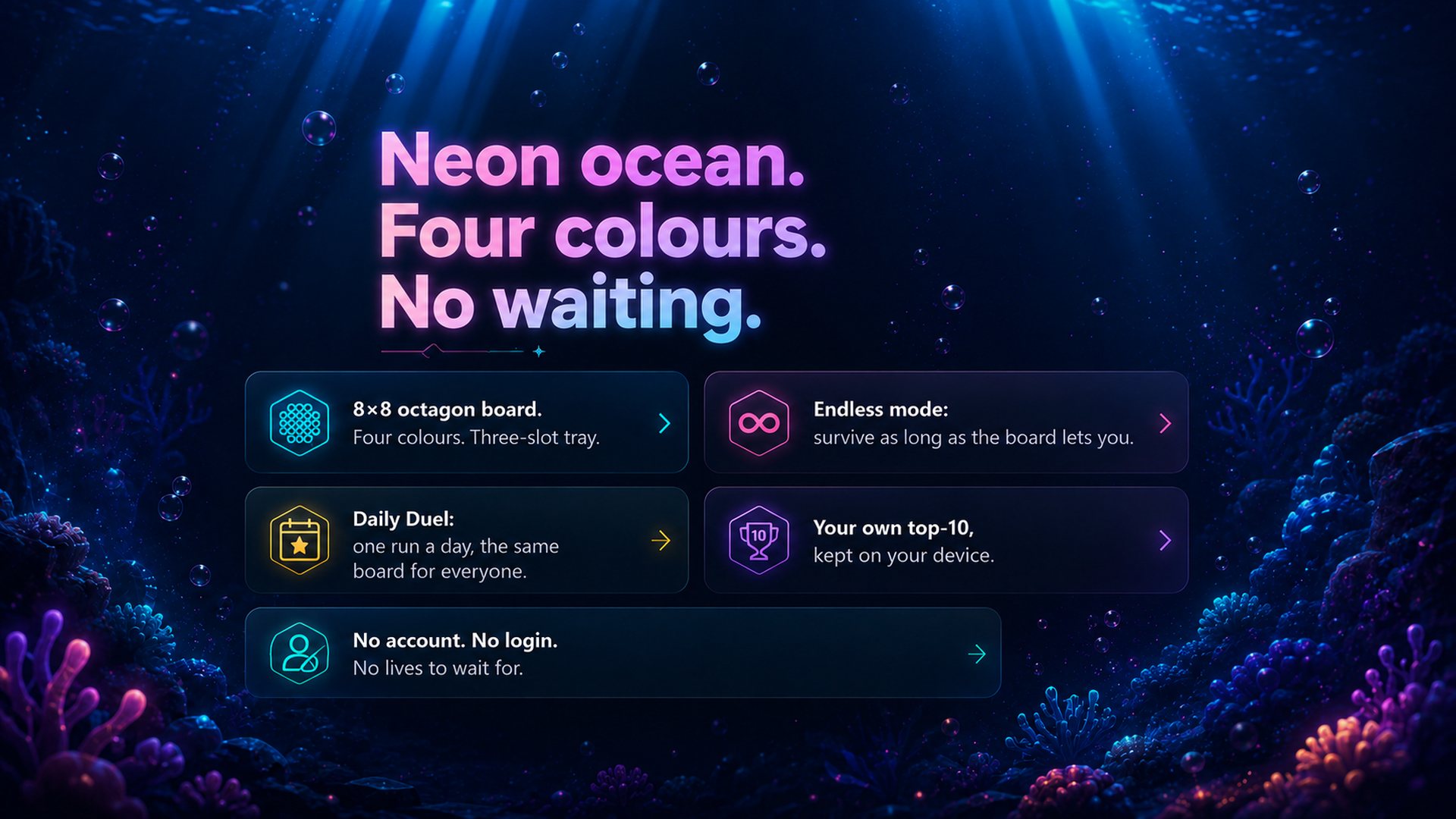 Neon ocean. Four colours. No waiting. Five quick facts about the game.