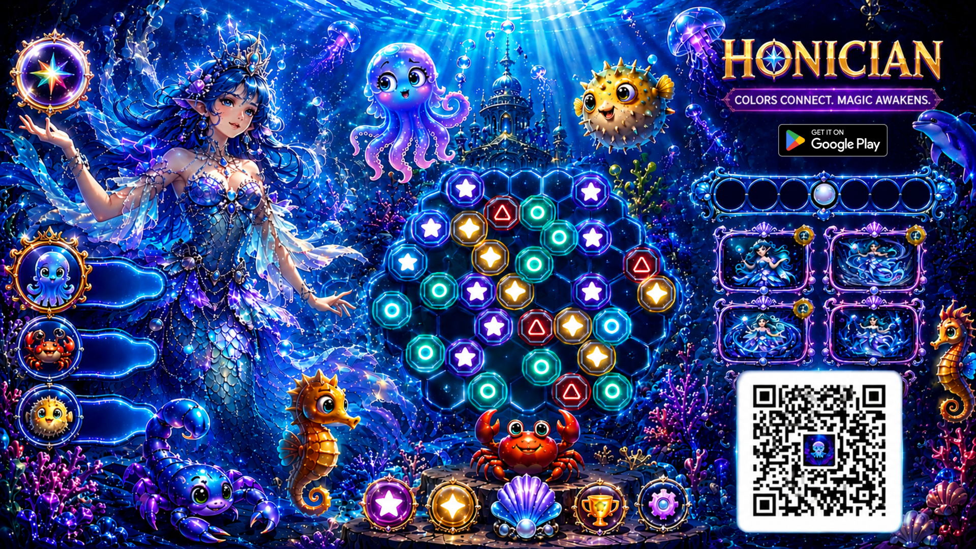 HONICIAN. Colors connect, magic awakens. An underwater scene: a mermaid holding a glowing orb beside a neon octagonal board of coloured orbs, with a jellyfish, a pufferfish, a seahorse, a dolphin and a crab around it. Get it on Google Play.