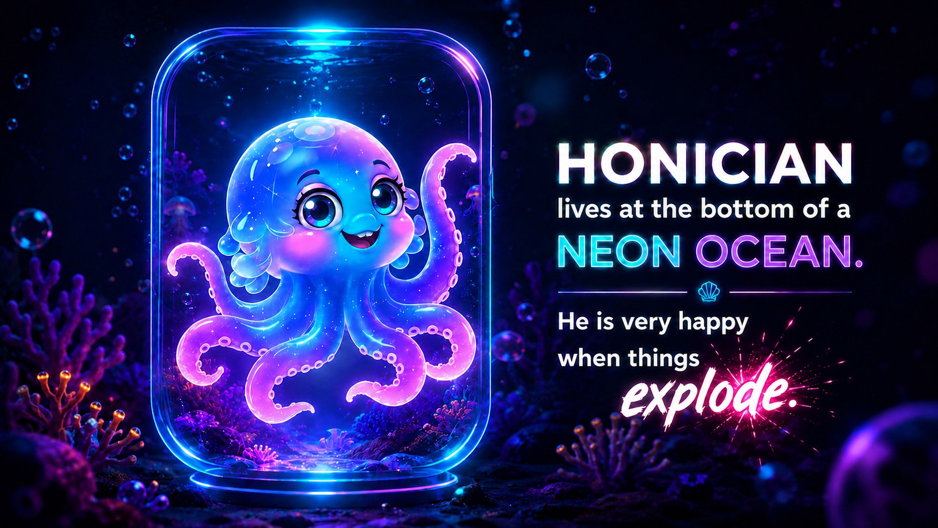 The HONICIAN octopus mascot floating inside a glowing glass tube, with descriptive text on the right.
