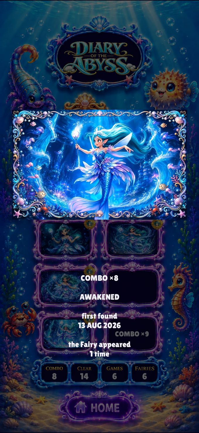 The Diary of the Abyss showing the Abyssal Fairy full screen: combo times eight, awakened, first found 13 August 2026.