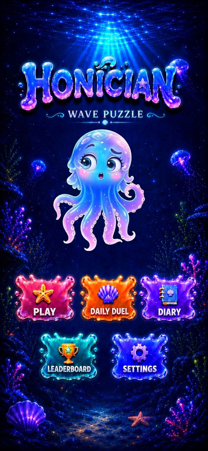 The HONICIAN home screen with five doors: Play, Daily Duel, Diary, Leaderboard and Settings.