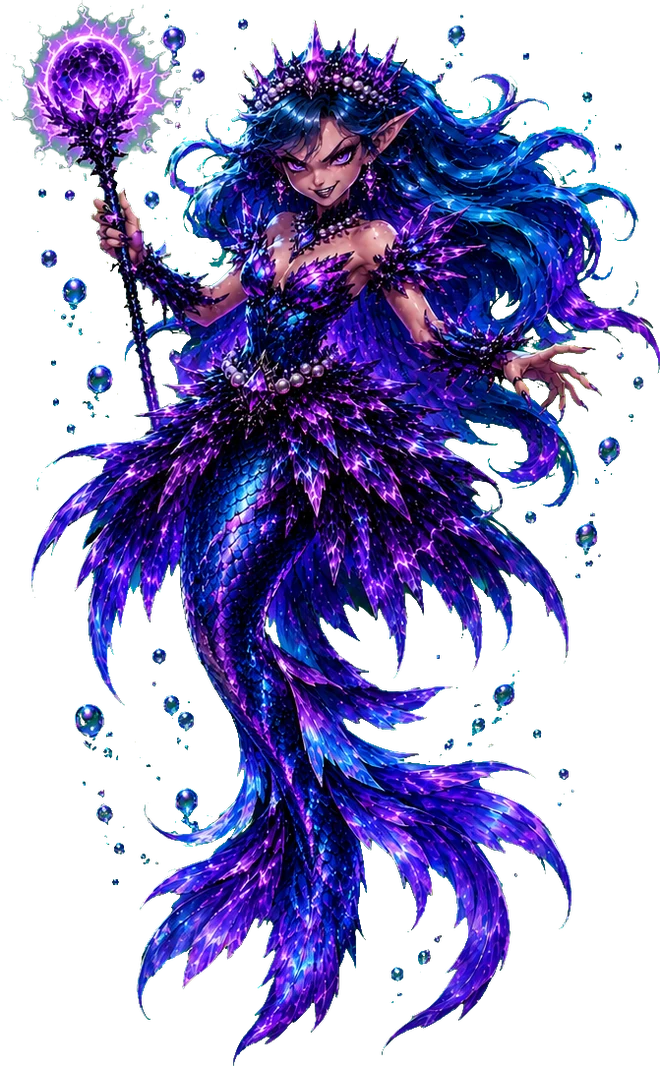 The Abyssal Witch: a violet mermaid sorceress with a crown of spines, holding a staff topped with a glowing purple orb.
