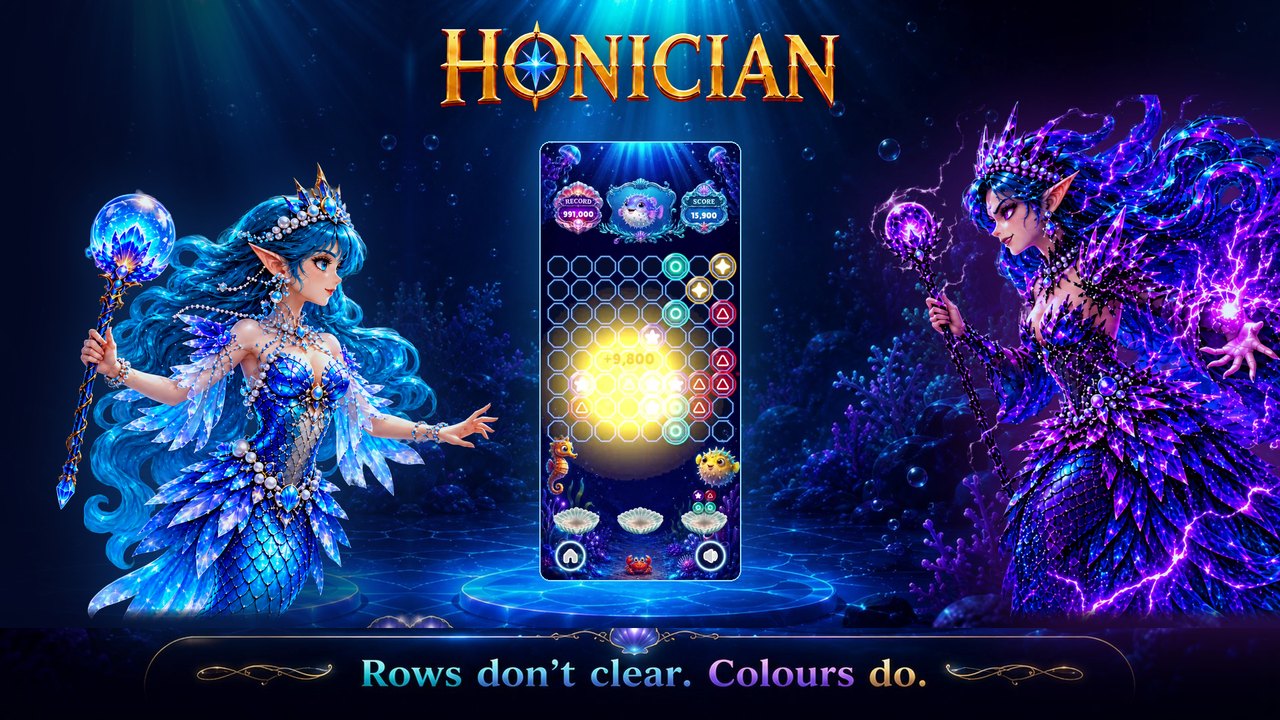 HONICIAN showcase: the Abyssal Fairy on the left, the Abyssal Witch on the right, and a phone between them showing a board clearing for plus 9,000. Rows don't clear. Colours do.
